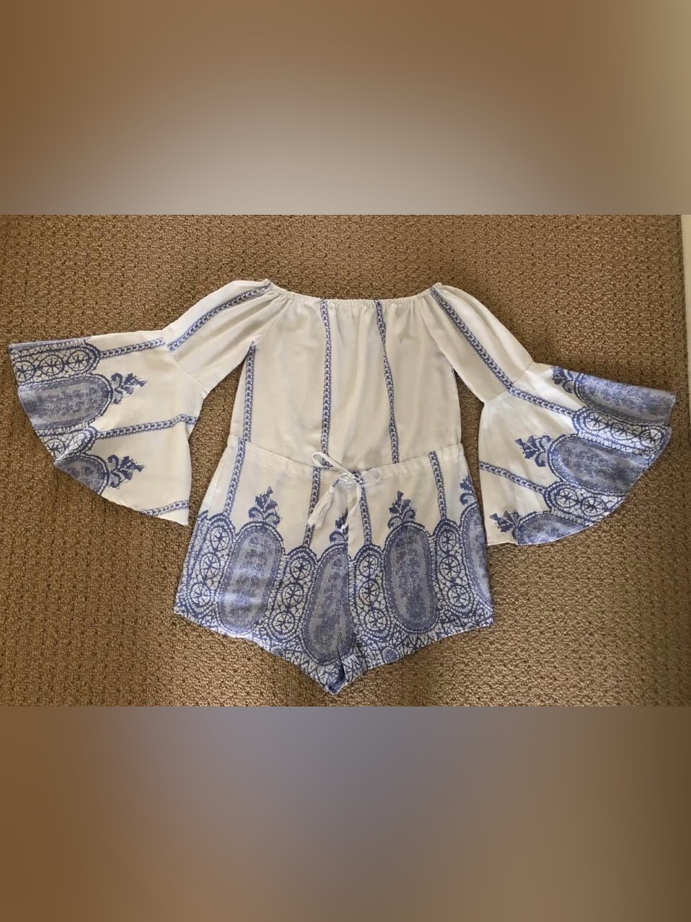 Reverse Brand Women’s White Off-Shoulder Romper with Blue Embroidered Trim